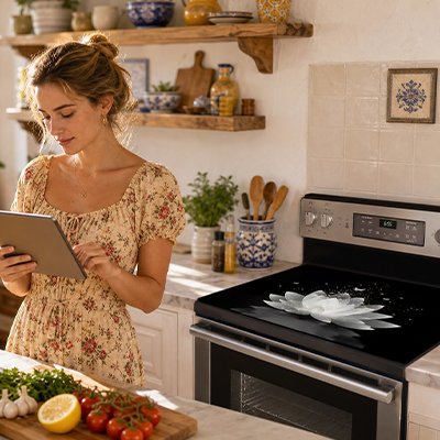 femme lit sa recette tout en gardant sa cuisinière protégée avec une  Protection plaque à induction