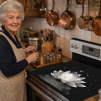 grand maman satisfaite de sa Protection plaque à induction
